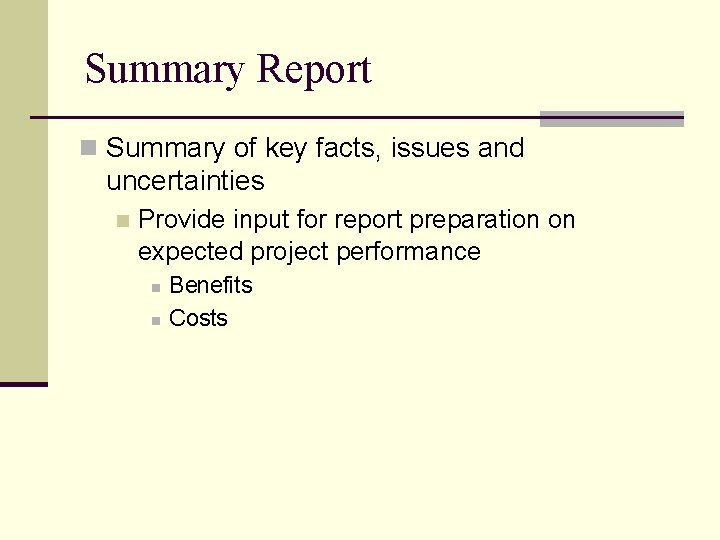Summary Report n Summary of key facts, issues and uncertainties n Provide input for