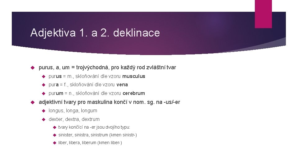 Adjektiva 1. a 2. deklinace purus, a, um = trojvýchodná, pro každý rod zvláštní