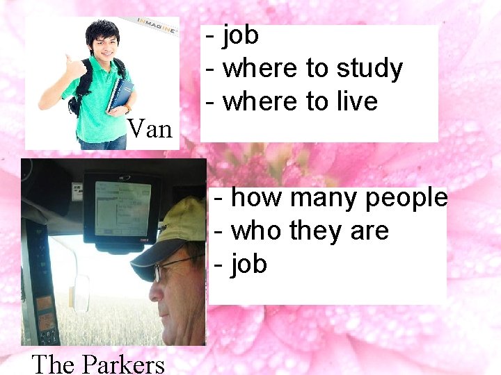 Van - job - where to study - where to live - how many