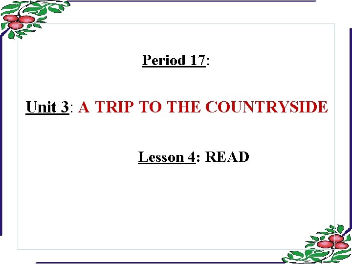 Period 17: Unit 3: A TRIP TO THE COUNTRYSIDE Lesson 4: READ 
