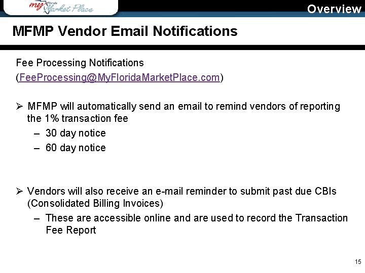 Overview MFMP Vendor Email Notifications Fee Processing Notifications (Fee. Processing@My. Florida. Market. Place. com)