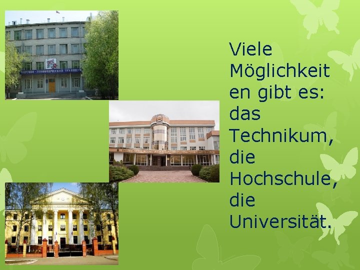 Viele Möglichkeit en gibt es: das Technikum, die Hochschule, die Universität. 