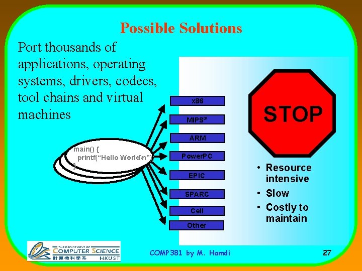 Possible Solutions Port thousands of applications, operating systems, drivers, codecs, tool chains and virtual