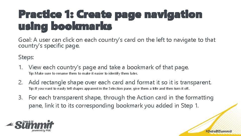 Practice 1: Create page navigation using bookmarks Goal: A user can click on each