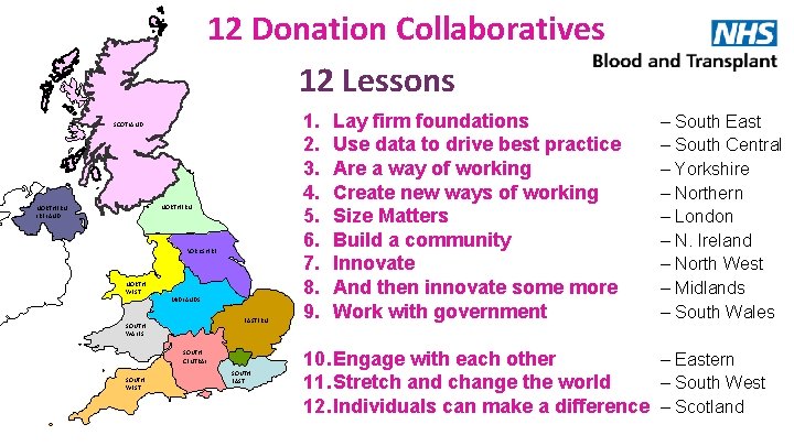 12 Donation Collaboratives 12 Lessons SCOTLAND NORTHERN IRELAND YORKSHIRE NORTH WEST MIDLANDS EASTERN SOUTH