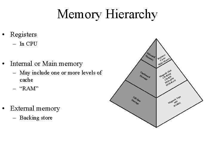 Memory Hierarchy • Registers – In CPU • Internal or Main memory – May
