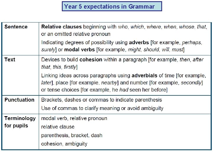 Year 5 expectations in Grammar 