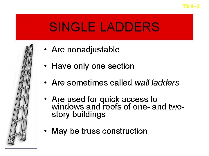 TS 9– 2 SINGLE LADDERS • Are nonadjustable • Have only one section •