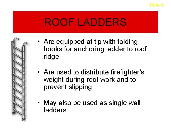 TS 9– 3 ROOF LADDERS • Are equipped at tip with folding hooks for