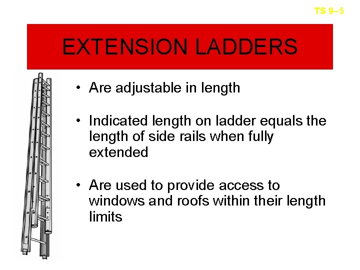 TS 9– 5 EXTENSION LADDERS • Are adjustable in length • Indicated length on