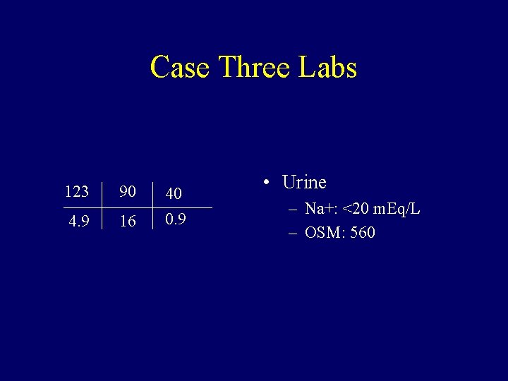 Case Three Labs 123 90 4. 9 16 40 0. 9 • Urine –