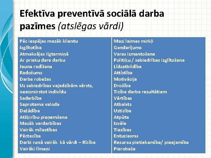 Efektīva preventīvā sociālā darba pazīmes (atslēgas vārdi) Pēc iespējas mazāk klientu Izglītotība Atmaksājas ilgtermiņā