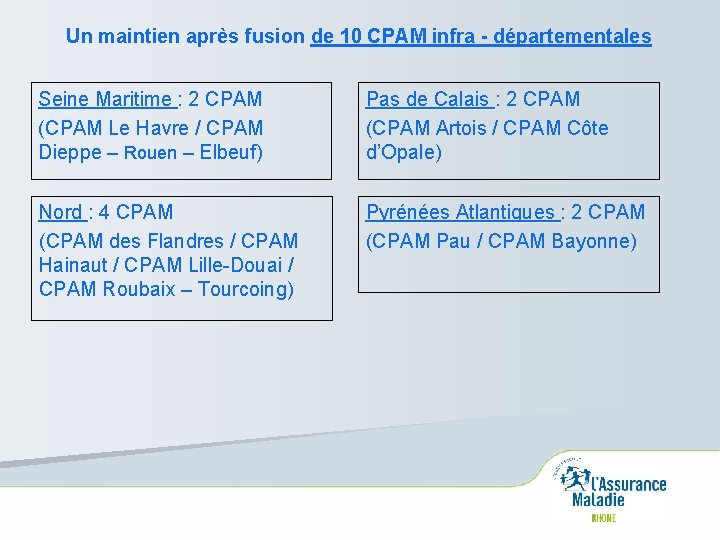 Un maintien après fusion de 10 CPAM infra - départementales Seine Maritime : 2