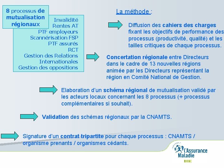 8 processus de mutualisation régionaux La méthode : Invalidité Rentes AT PTF employeurs Scannérisation