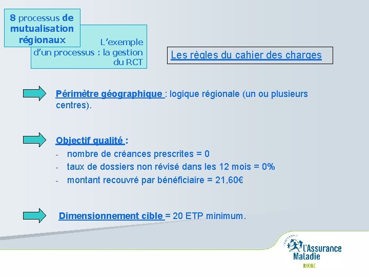 8 processus de mutualisation régionaux L’exemple d’un processus : la gestion du RCT Les