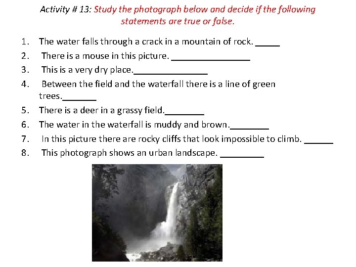 Activity # 13: Study the photograph below and decide if the following statements are