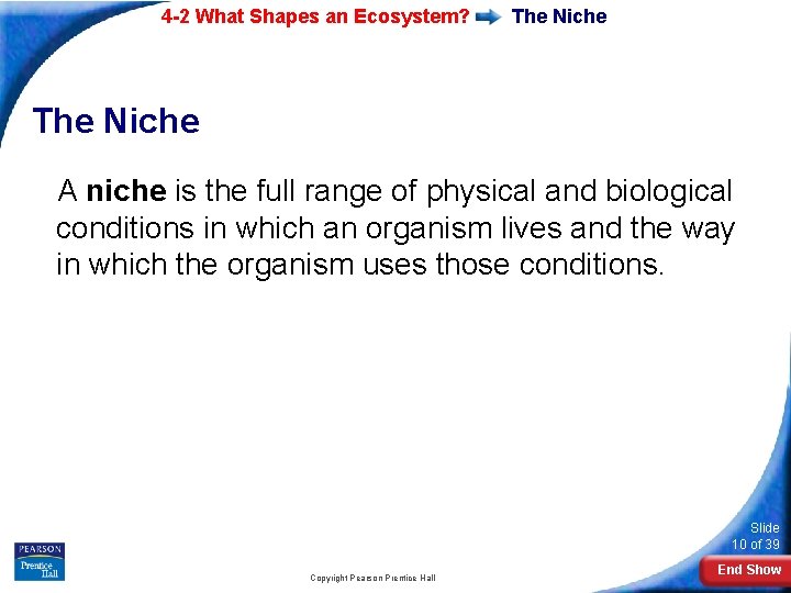 4 -2 What Shapes an Ecosystem? The Niche A niche is the full range