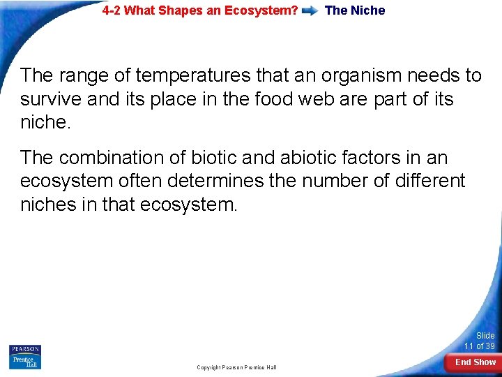 4 -2 What Shapes an Ecosystem? The Niche The range of temperatures that an