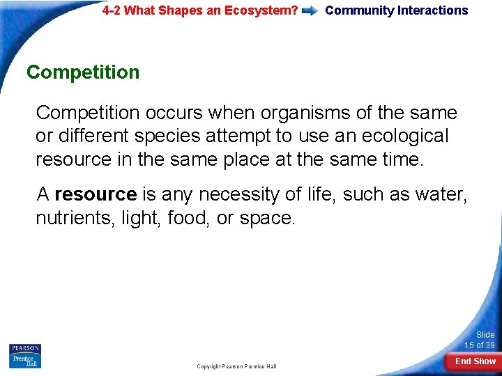 4 -2 What Shapes an Ecosystem? Community Interactions Competition occurs when organisms of the