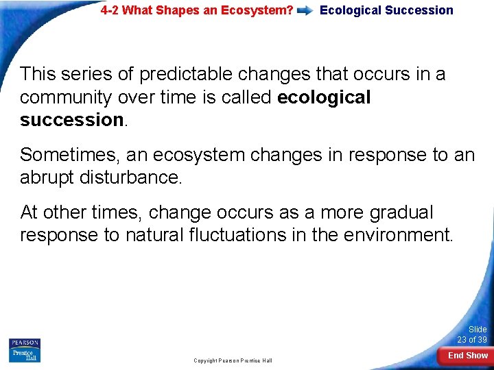 4 -2 What Shapes an Ecosystem? Ecological Succession This series of predictable changes that