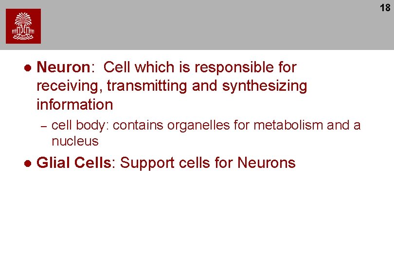 18 l Neuron: Cell which is responsible for receiving, transmitting and synthesizing information –