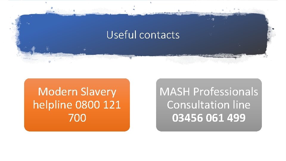 Useful contacts Modern Slavery helpline 0800 121 700 MASH Professionals Consultation line 03456 061