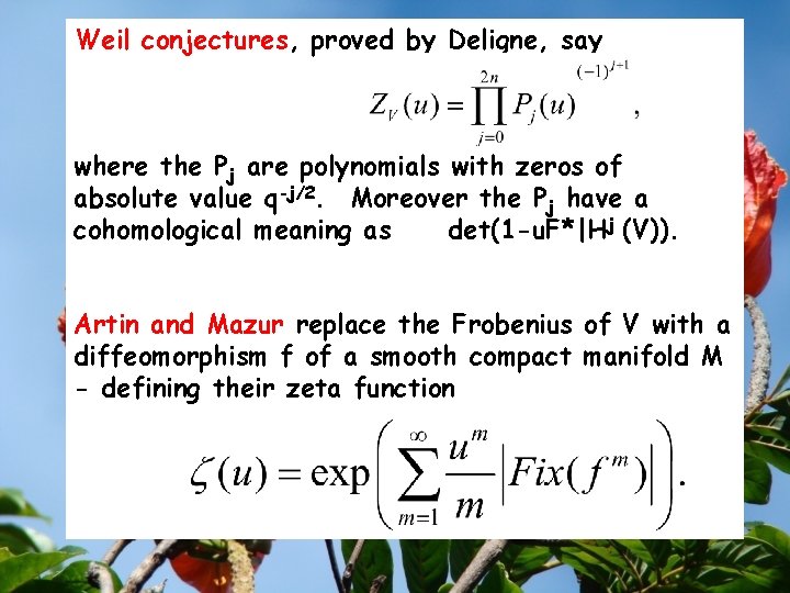 Weil conjectures, proved by Deligne, say where the Pj are polynomials with zeros of