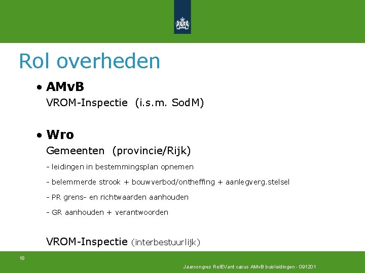 Rol overheden • AMv. B VROM-Inspectie (i. s. m. Sod. M) • Wro Gemeenten