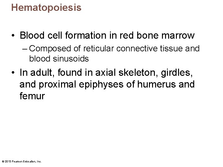 Hematopoiesis • Blood cell formation in red bone marrow – Composed of reticular connective