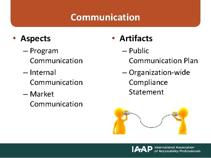 Communication • Aspects – Program Communication – Internal Communication – Market Communication • Artifacts