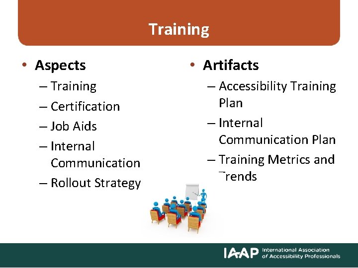 Training • Aspects – Training – Certification – Job Aids – Internal Communication –