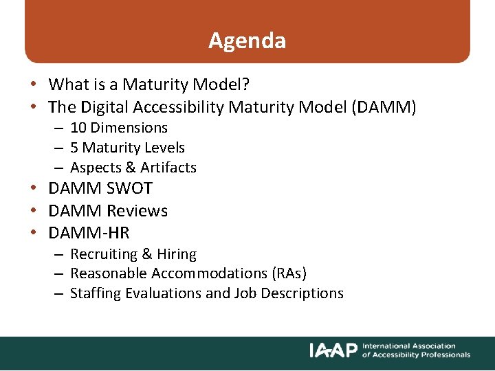 Agenda • What is a Maturity Model? • The Digital Accessibility Maturity Model (DAMM)