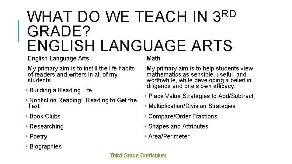 RD 3 WHAT DO WE TEACH IN GRADE? ENGLISH LANGUAGE ARTS English Language Arts: