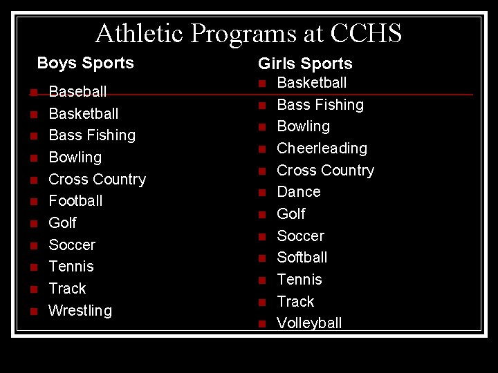 Athletic Programs at CCHS Boys Sports n n n Baseball Basketball Bass Fishing Bowling