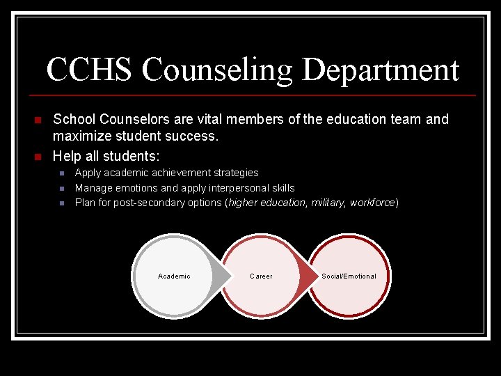 CCHS Counseling Department n n School Counselors are vital members of the education team