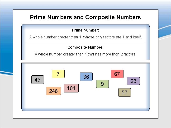 Prime Numbers and Composite Numbers Prime Number: A whole number greater than 1, whose
