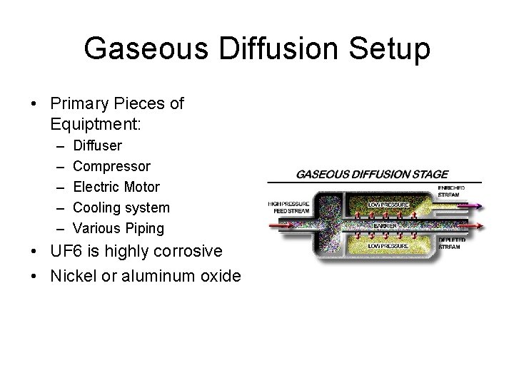 Gaseous Diffusion Setup • Primary Pieces of Equiptment: – – – Diffuser Compressor Electric