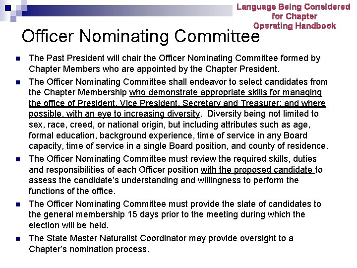 Language Being Considered for Chapter Operating Handbook Officer Nominating Committee n n n The