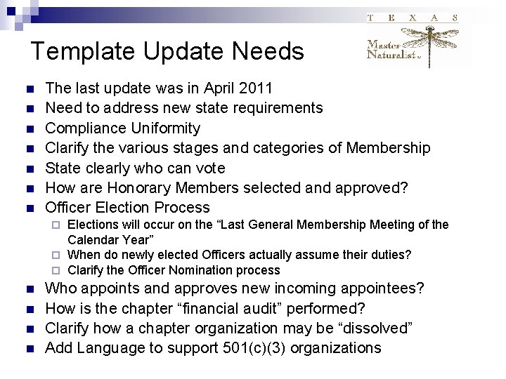 Template Update Needs n n n n The last update was in April 2011
