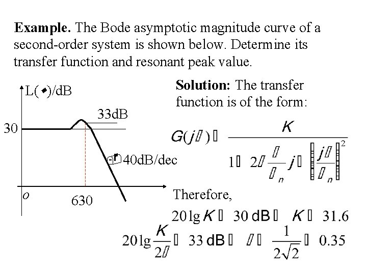 Example. The Bode asymptotic magnitude curve of a second-order system is shown below. Determine
