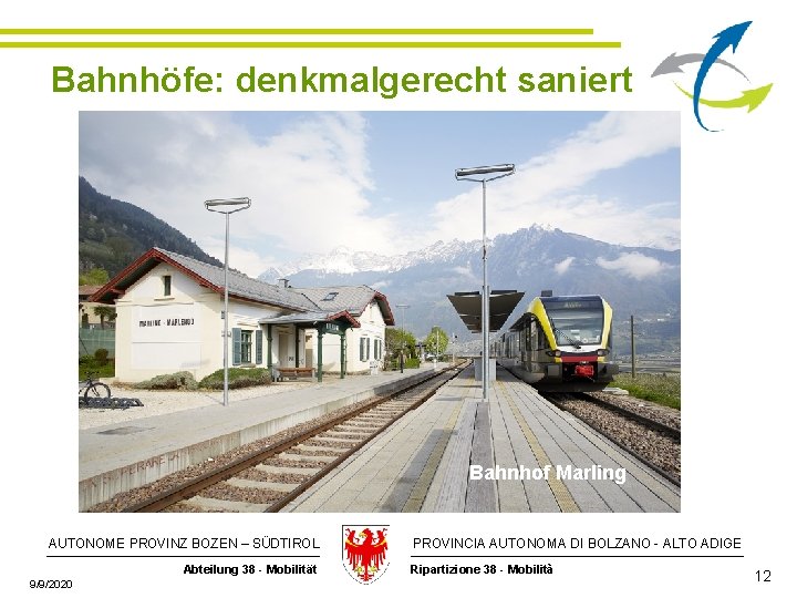 Bahnhöfe: denkmalgerecht saniert Bahnhof Marling AUTONOME PROVINZ BOZEN – SÜDTIROL Abteilung 38 - Mobilität