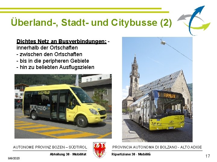 Überland-, Stadt- und Citybusse (2) Dichtes Netz an Busverbindungen: innerhalb der Ortschaften - zwischen