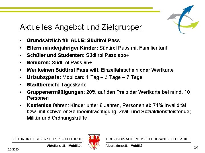 Aktuelles Angebot und Zielgruppen • • • Grundsätzlich für ALLE: Südtirol Pass Eltern minderjähriger