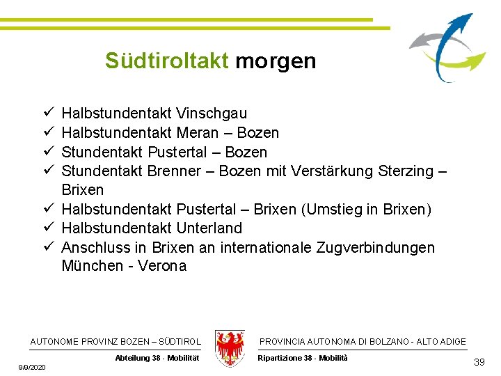 Südtiroltakt morgen ü ü Halbstundentakt Vinschgau Halbstundentakt Meran – Bozen Stundentakt Pustertal – Bozen