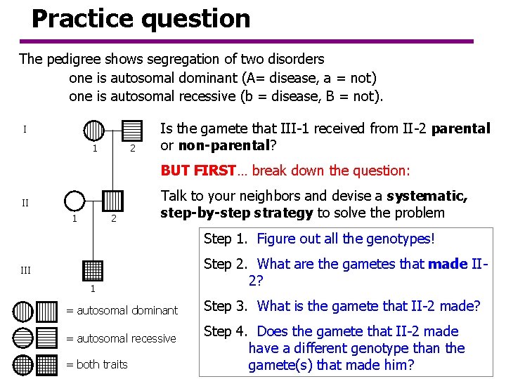 Practice question The pedigree shows segregation of two disorders one is autosomal dominant (A= Practice question The pedigree shows segregation of two disorders one is autosomal dominant (A=