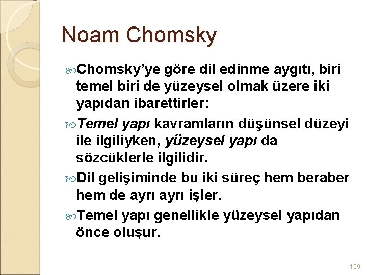 Noam Chomsky’ye göre dil edinme aygıtı, biri temel biri de yüzeysel olmak üzere iki