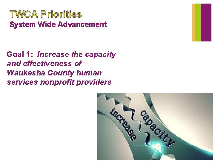 TWCA Priorities System Wide Advancement Goal 1: Increase the capacity and effectiveness of Waukesha