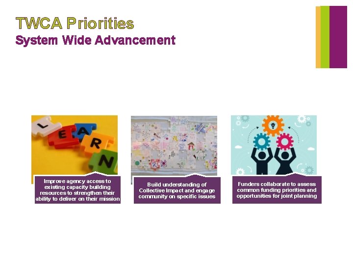 TWCA Priorities System Wide Advancement Improve agency access to existing capacity building resources to