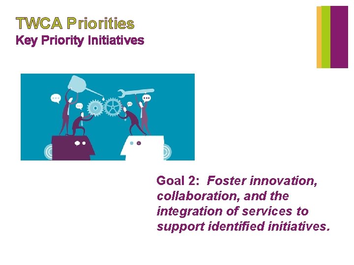 TWCA Priorities Key Priority Initiatives Goal 2: Foster innovation, collaboration, and the integration of