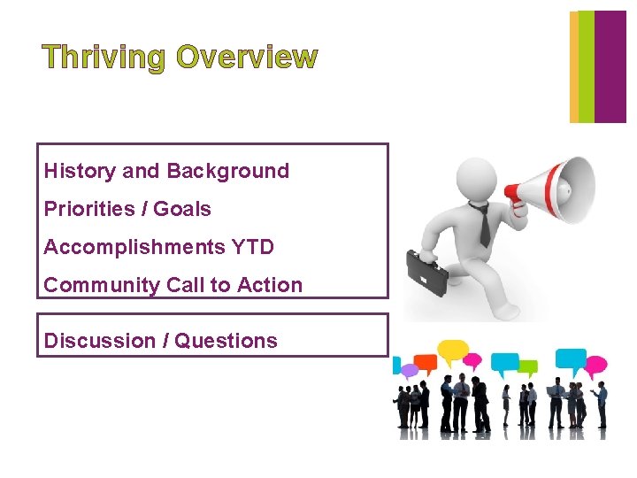 Thriving Overview History and Background Priorities / Goals Accomplishments YTD Community Call to Action
